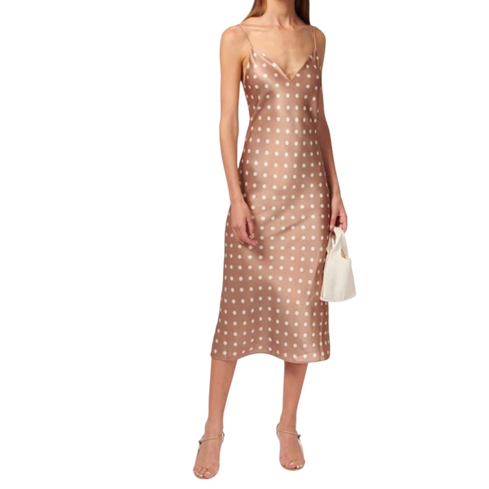 CAMI NYC Polka Dot Slip Myla Midi Dress Tan White XS Spaghetti Straps Tie Back